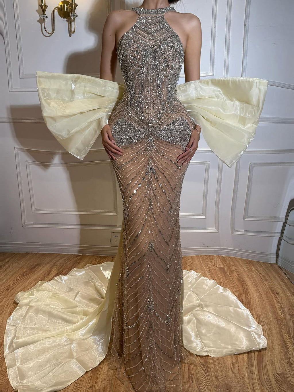 Kosovo Luxury Diamonds Full Beaded Mermaid Evening Dress Halter Women Red Carpet Gown CLA73218