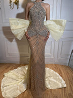 Kosovo Luxury Diamonds Full Beaded Mermaid Evening Dress Halter Women Red Carpet Gown CLA73218