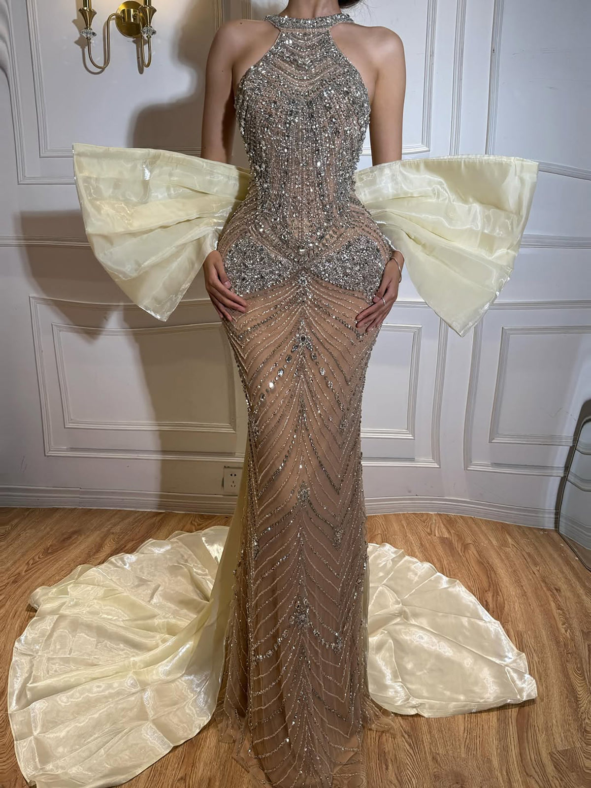 Kosovo Luxury Diamonds Full Beaded Mermaid Evening Dress Halter Women Red Carpet Gown CLA73218