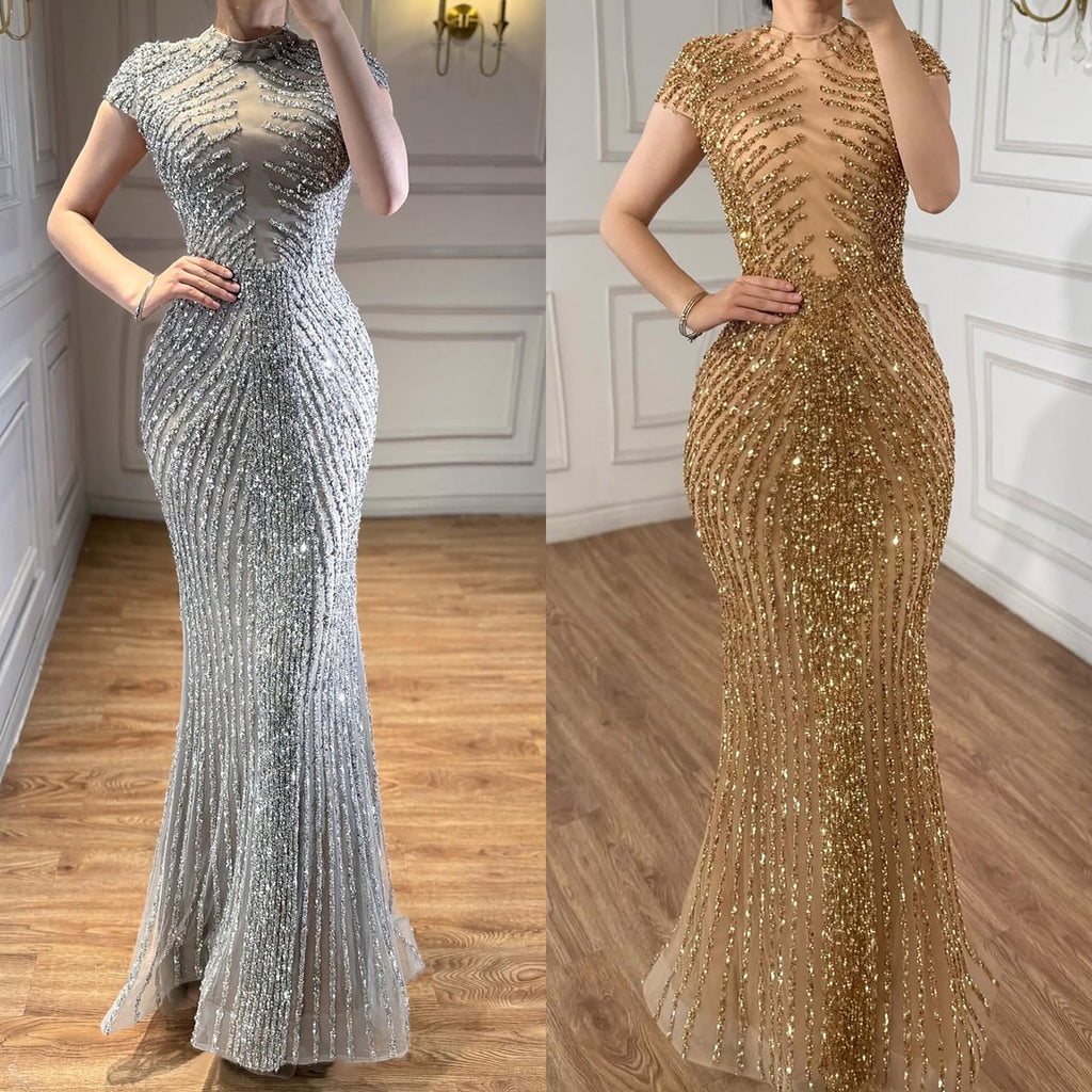 Arabic Luxury Gold Beaded Elegant Short Sleeves Mermaid Evening Dress CLA73221