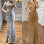 Arabic Luxury Gold Beaded Elegant Short Sleeves Mermaid Evening Dress CLA73221