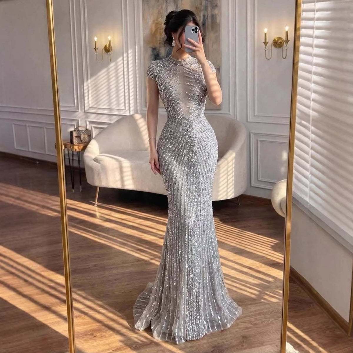 Arabic Luxury Gold Beaded Elegant Short Sleeves Mermaid Evening Dress CLA73221