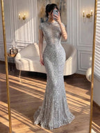 Arabic Luxury Gold Beaded Elegant Short Sleeves Mermaid Evening Dress CLA73221