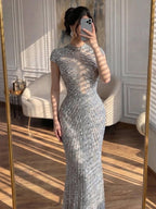 Arabic Luxury Gold Beaded Elegant Short Sleeves Mermaid Evening Dress CLA73221