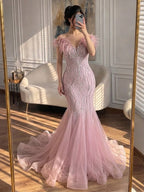 Luxury Nude Feather Beaded Mermaid Off Shoulder Evening Dress CLA73223