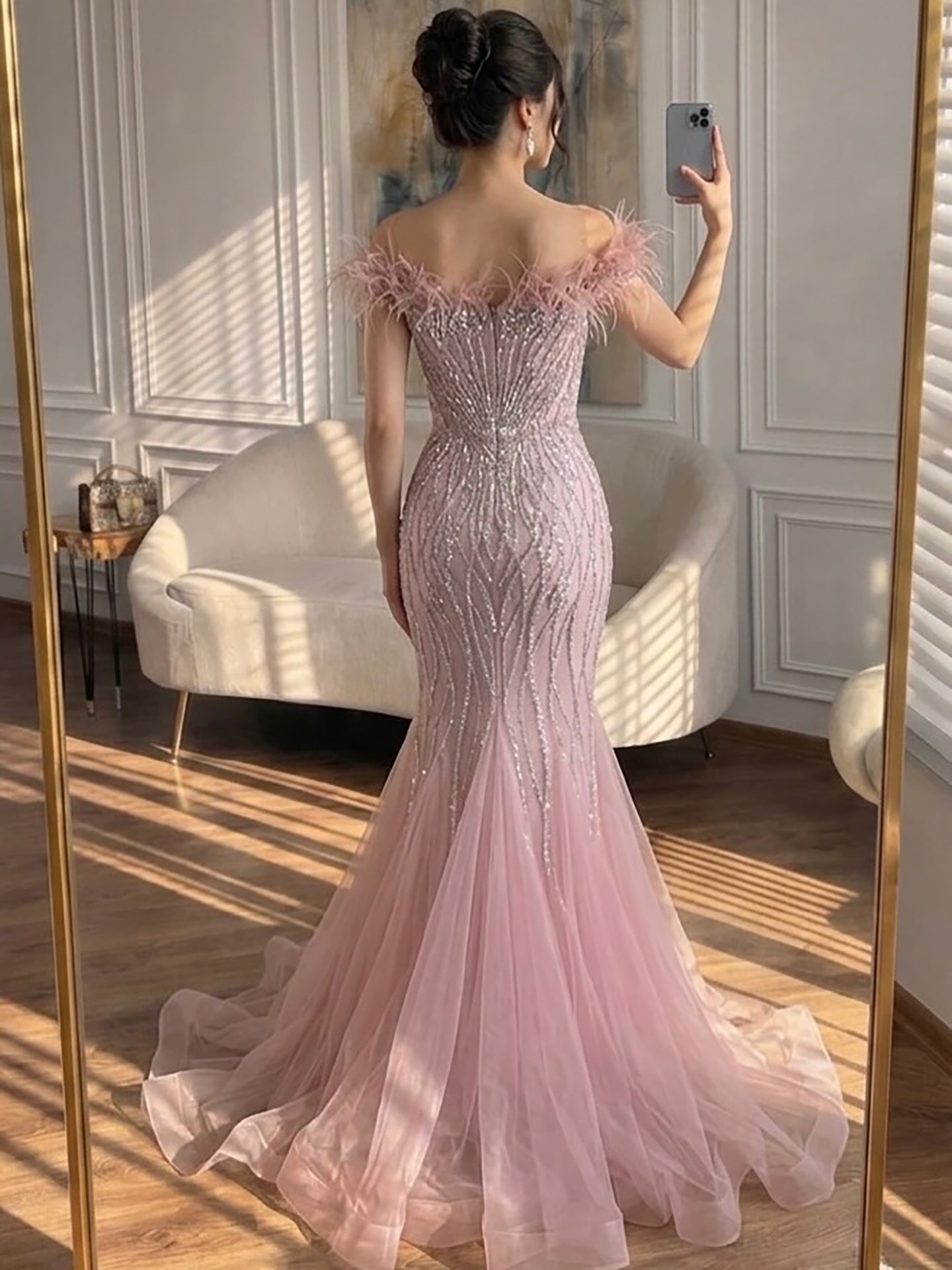 Luxury Nude Feather Beaded Mermaid Off Shoulder Evening Dress CLA73223