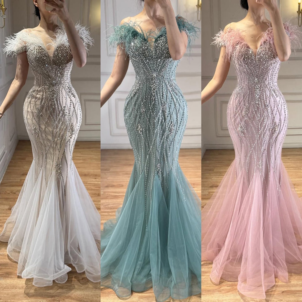 Luxury Nude Feather Beaded Mermaid Off Shoulder Evening Dress CLA73223
