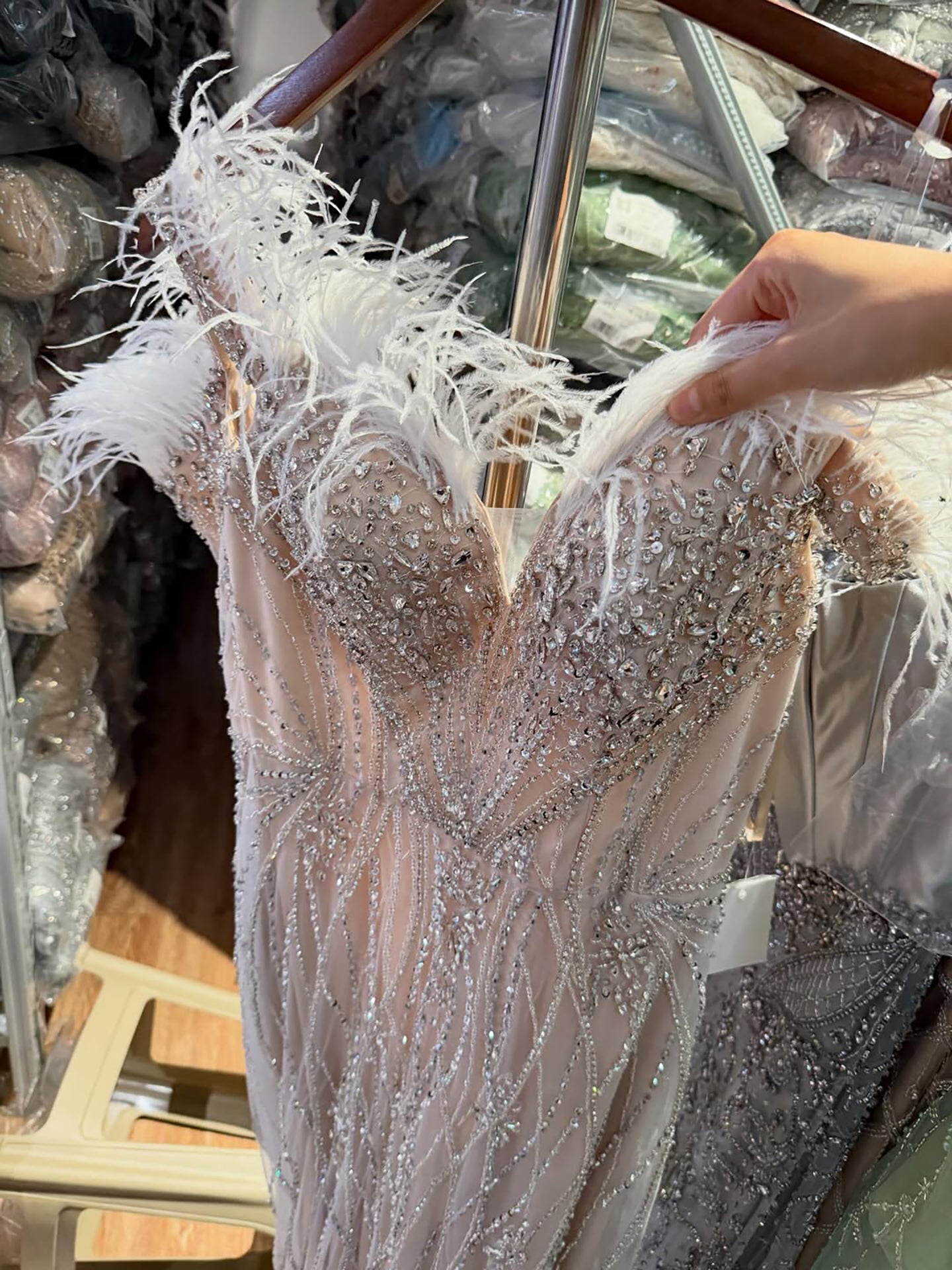 Luxury Nude Feather Beaded Mermaid Off Shoulder Evening Dress CLA73223