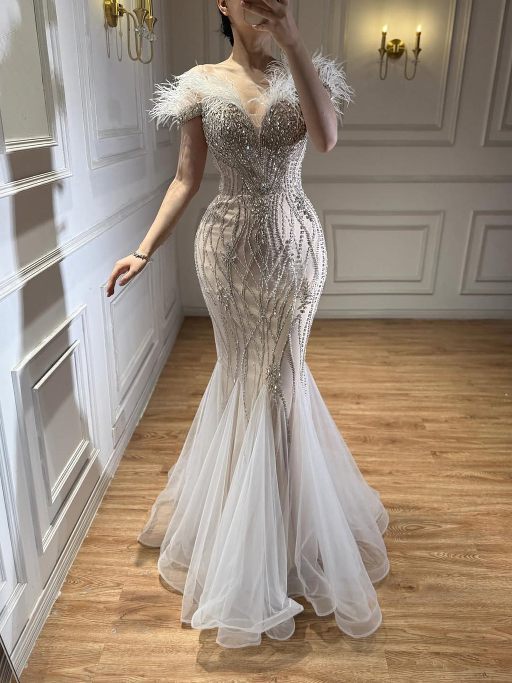 Luxury Nude Feather Beaded Mermaid Off Shoulder Evening Dress CLA73223