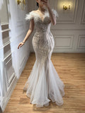 Luxury Nude Feather Beaded Mermaid Off Shoulder Evening Dress CLA73223