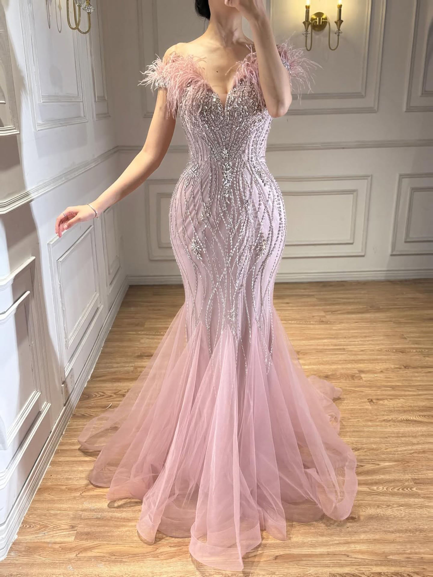 Luxury Nude Feather Beaded Mermaid Off Shoulder Evening Dress CLA73223