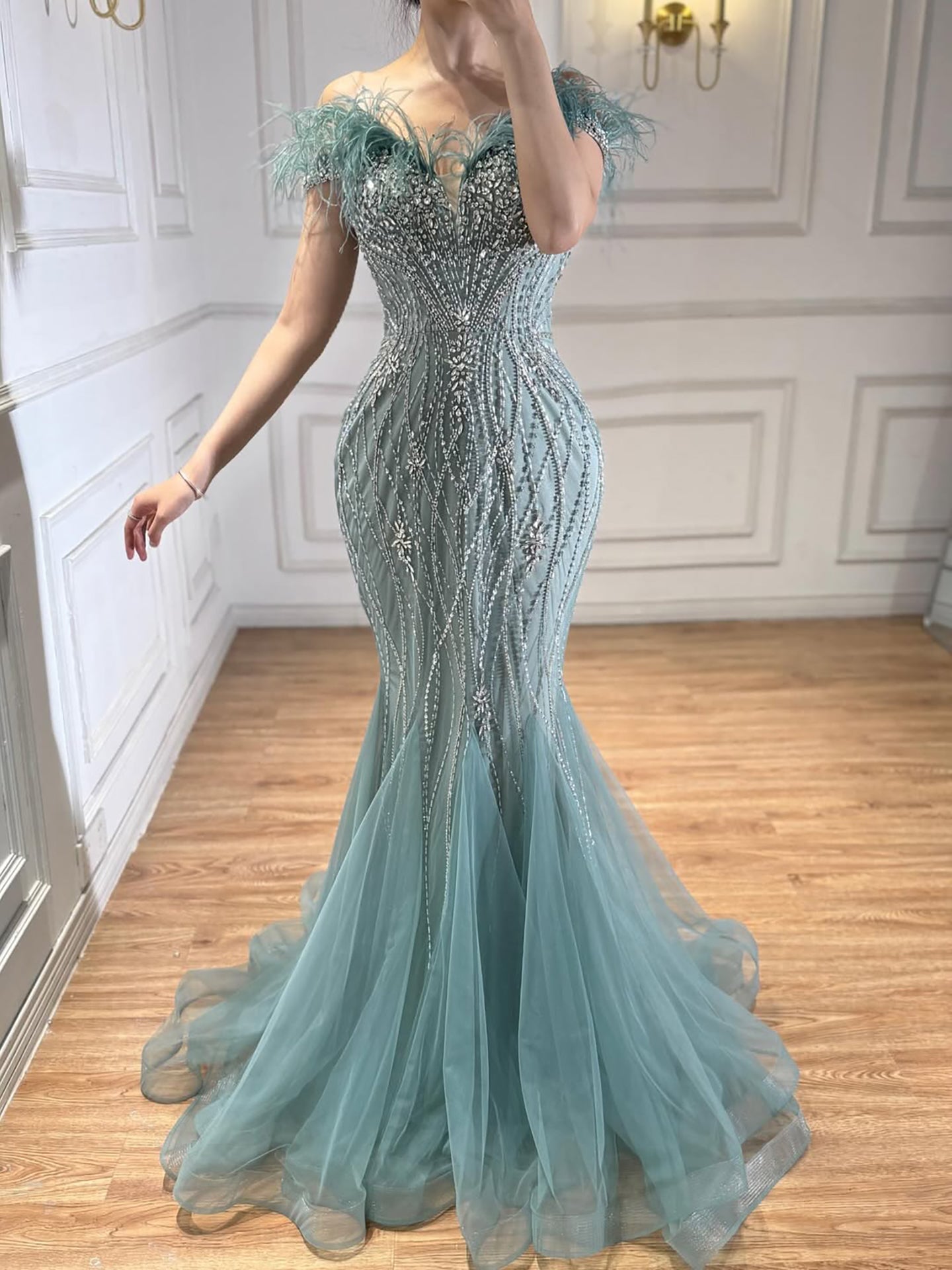 Luxury Nude Feather Beaded Mermaid Off Shoulder Evening Dress CLA73223