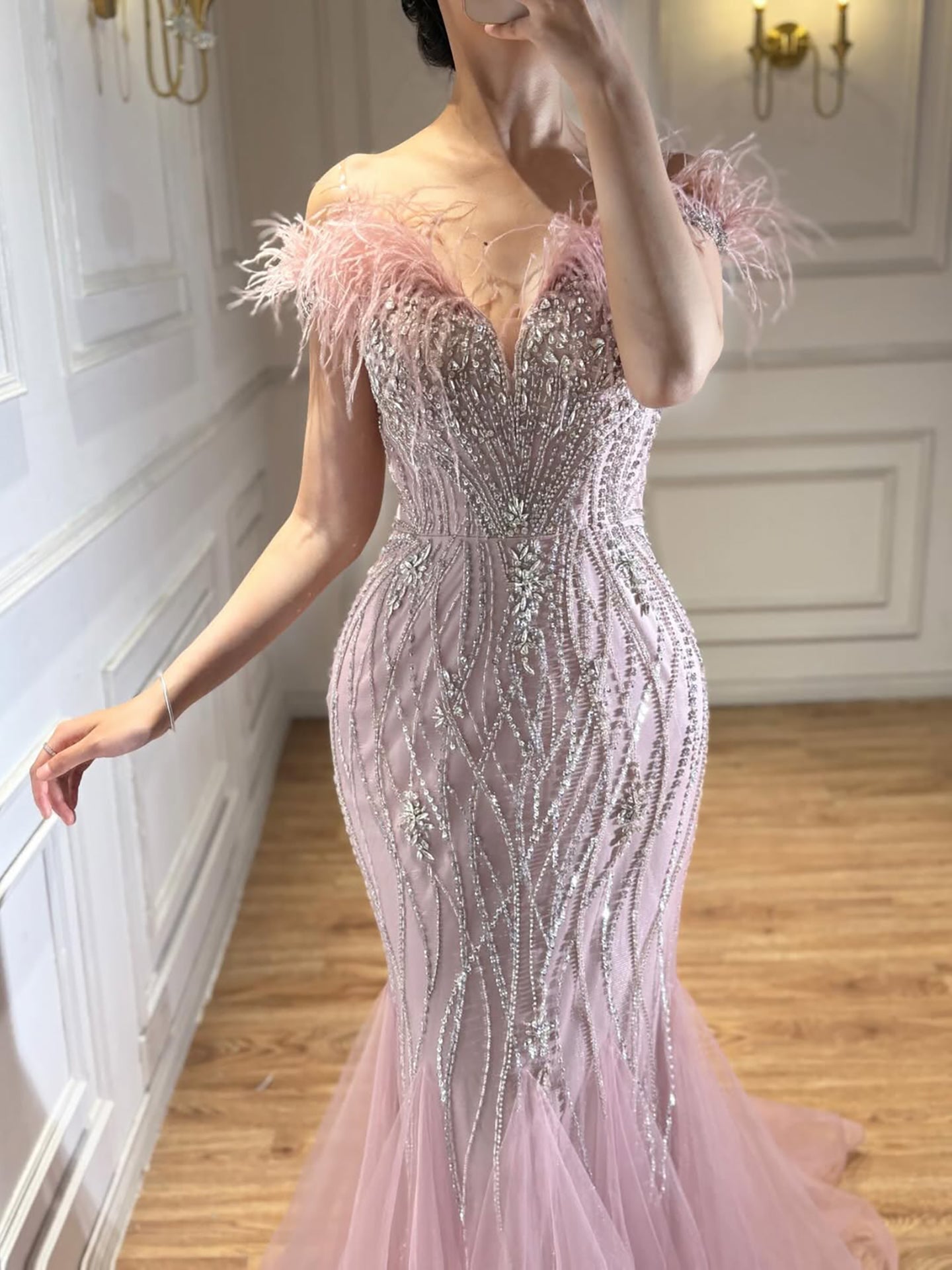 Luxury Nude Feather Beaded Mermaid Off Shoulder Evening Dress CLA73223