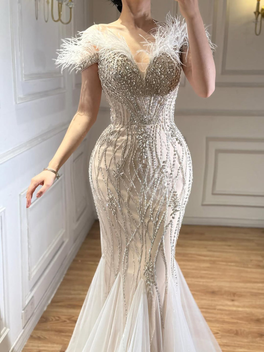 Luxury Nude Feather Beaded Mermaid Off Shoulder Evening Dress CLA73223