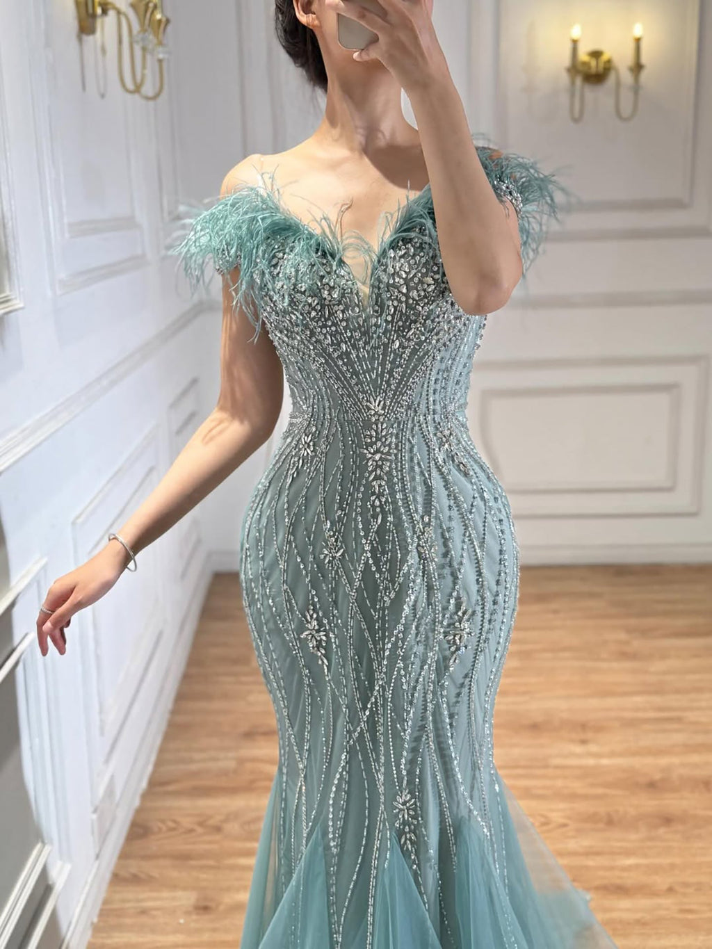 Luxury Nude Feather Beaded Mermaid Off Shoulder Evening Dress CLA73223