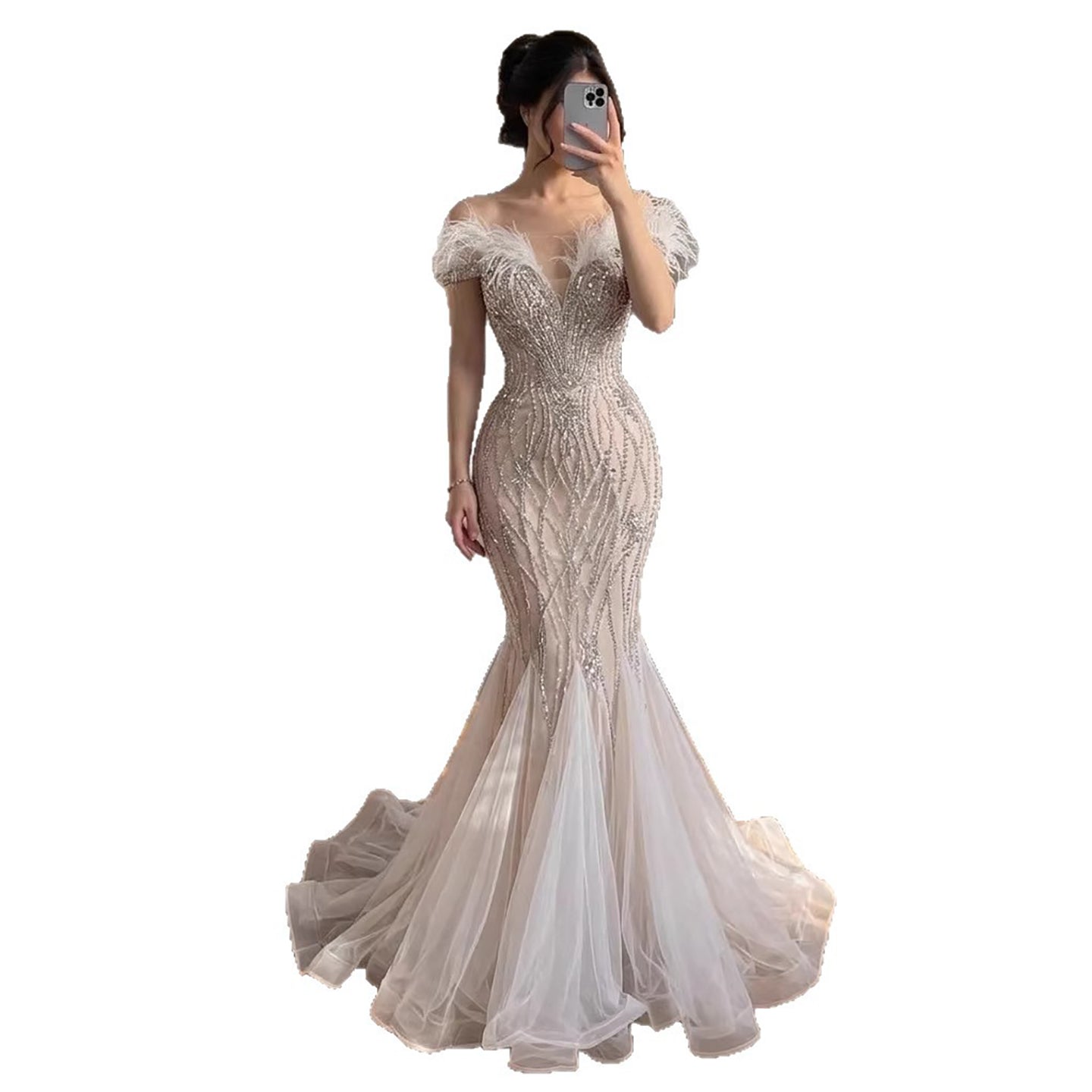 Luxury Nude Feather Beaded Mermaid Off Shoulder Evening Dress CLA73223