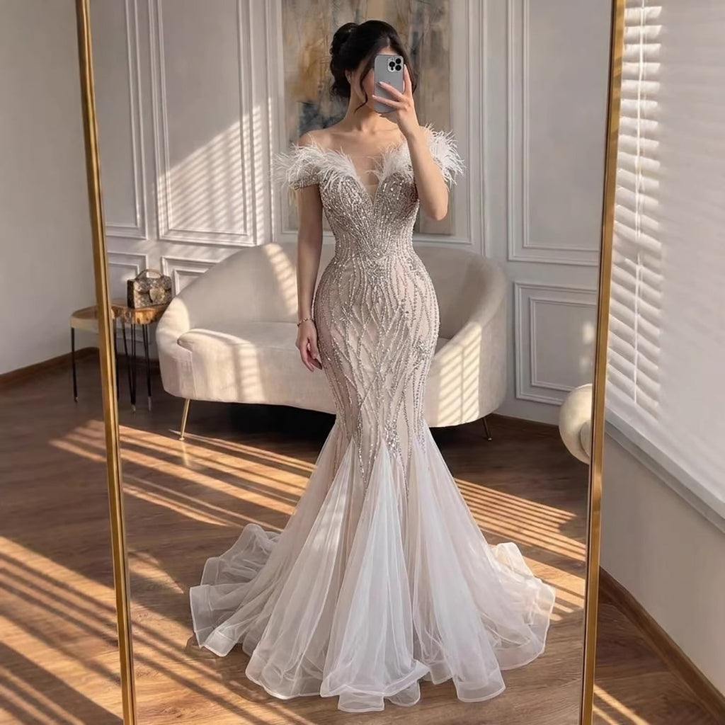 Luxury Nude Feather Beaded Mermaid Off Shoulder Evening Dress CLA73223
