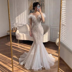 Luxury Nude Feather Beaded Mermaid Off Shoulder Evening Dress CLA73223