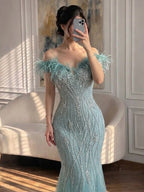 Luxury Nude Feather Beaded Mermaid Off Shoulder Evening Dress CLA73223
