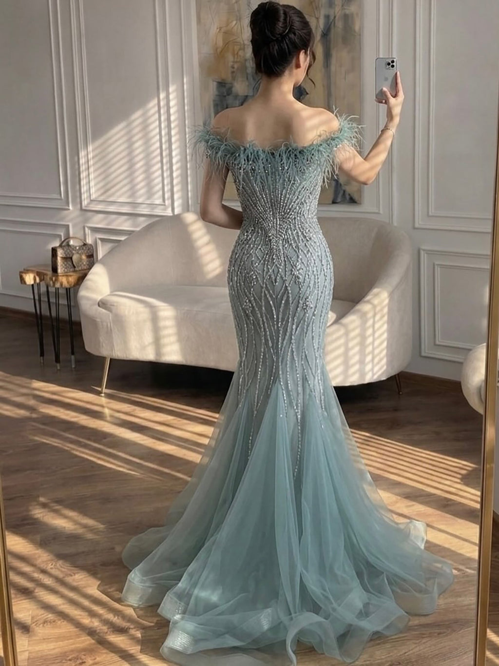 Luxury Nude Feather Beaded Mermaid Off Shoulder Evening Dress CLA73223