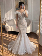 Luxury Nude Feather Beaded Mermaid Off Shoulder Evening Dress CLA73223