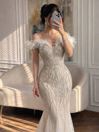Luxury Nude Feather Beaded Mermaid Off Shoulder Evening Dress CLA73223
