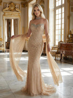 Lebanon Luxury Pink Diamond Evening Dress With Shawl For Women Wedding Party CLA73225