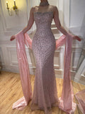 Lebanon Luxury Pink Diamond Evening Dress With Shawl For Women Wedding Party CLA73225