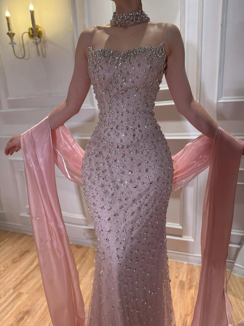 Lebanon Luxury Pink Diamond Evening Dress With Shawl For Women Wedding Party CLA73225