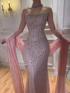 Lebanon Luxury Pink Diamond Evening Dress With Shawl For Women Wedding Party CLA73225