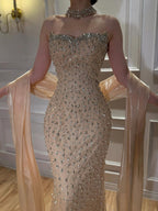 Lebanon Luxury Pink Diamond Evening Dress With Shawl For Women Wedding Party CLA73225