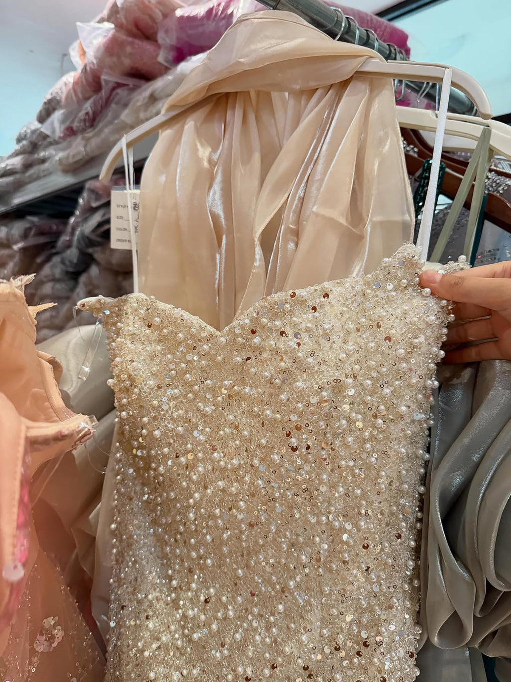 Luxury Beige Pearl Beaded Spaghetti Strap Mermaid Dress LA73225A