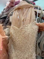 Luxury Beige Pearl Beaded Spaghetti Strap Mermaid Dress LA73225A