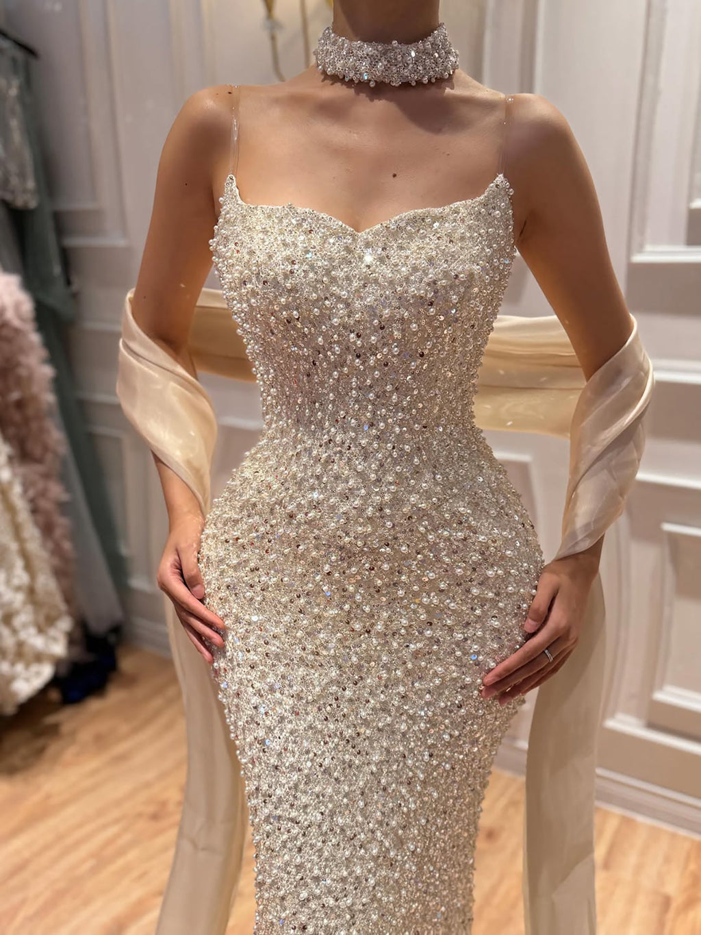Luxury Beige Pearl Beaded Spaghetti Strap Mermaid Dress LA73225A