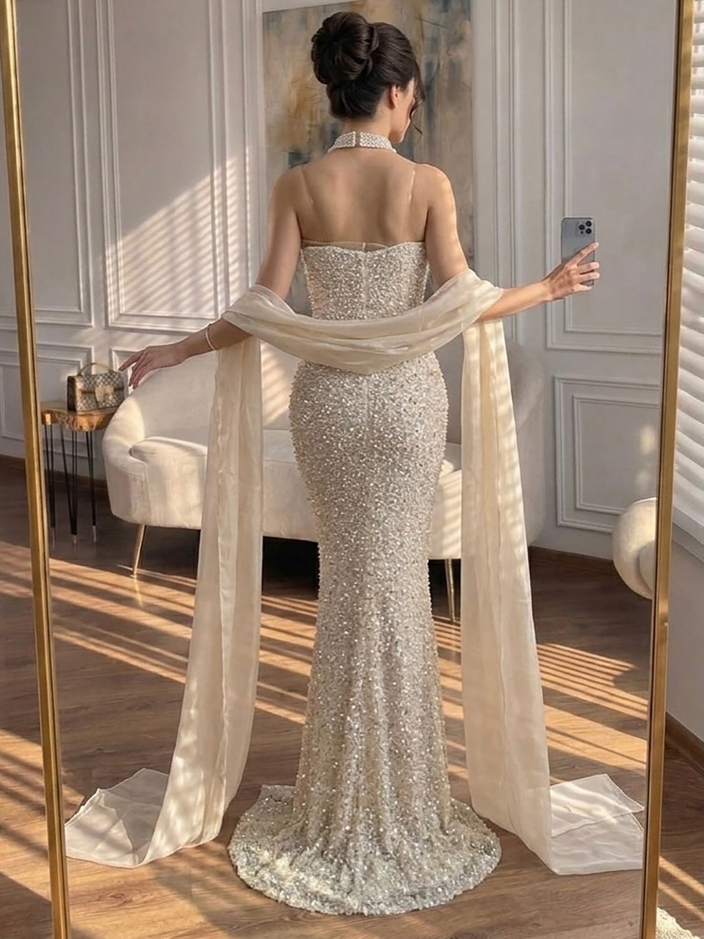 Luxury Beige Pearl Beaded Spaghetti Strap Mermaid Dress LA73225A