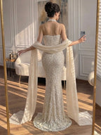 Luxury Beige Pearl Beaded Spaghetti Strap Mermaid Dress LA73225A