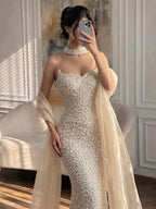Luxury Beige Pearl Beaded Spaghetti Strap Mermaid Dress LA73225A