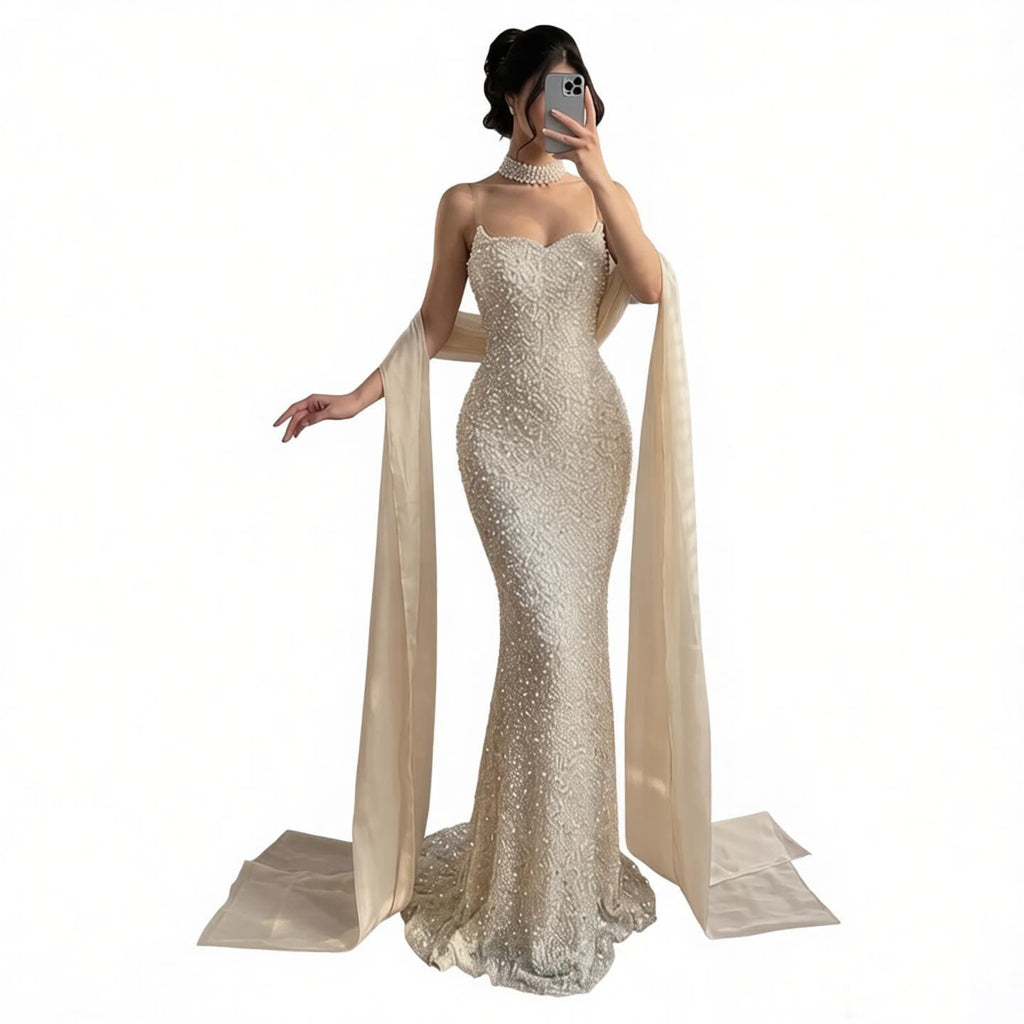 Luxury Beige Pearl Beaded Spaghetti Strap Mermaid Dress LA73225A