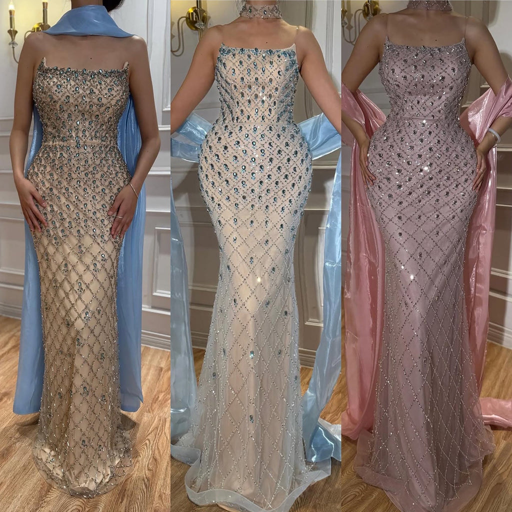 Arabic Luxury Blue Diamonds Mermaid Evening Dress WIth Cape Women Wedding Party Gown CLA73226