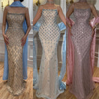 Arabic Luxury Blue Diamonds Mermaid Evening Dress WIth Cape Women Wedding Party Gown CLA73226