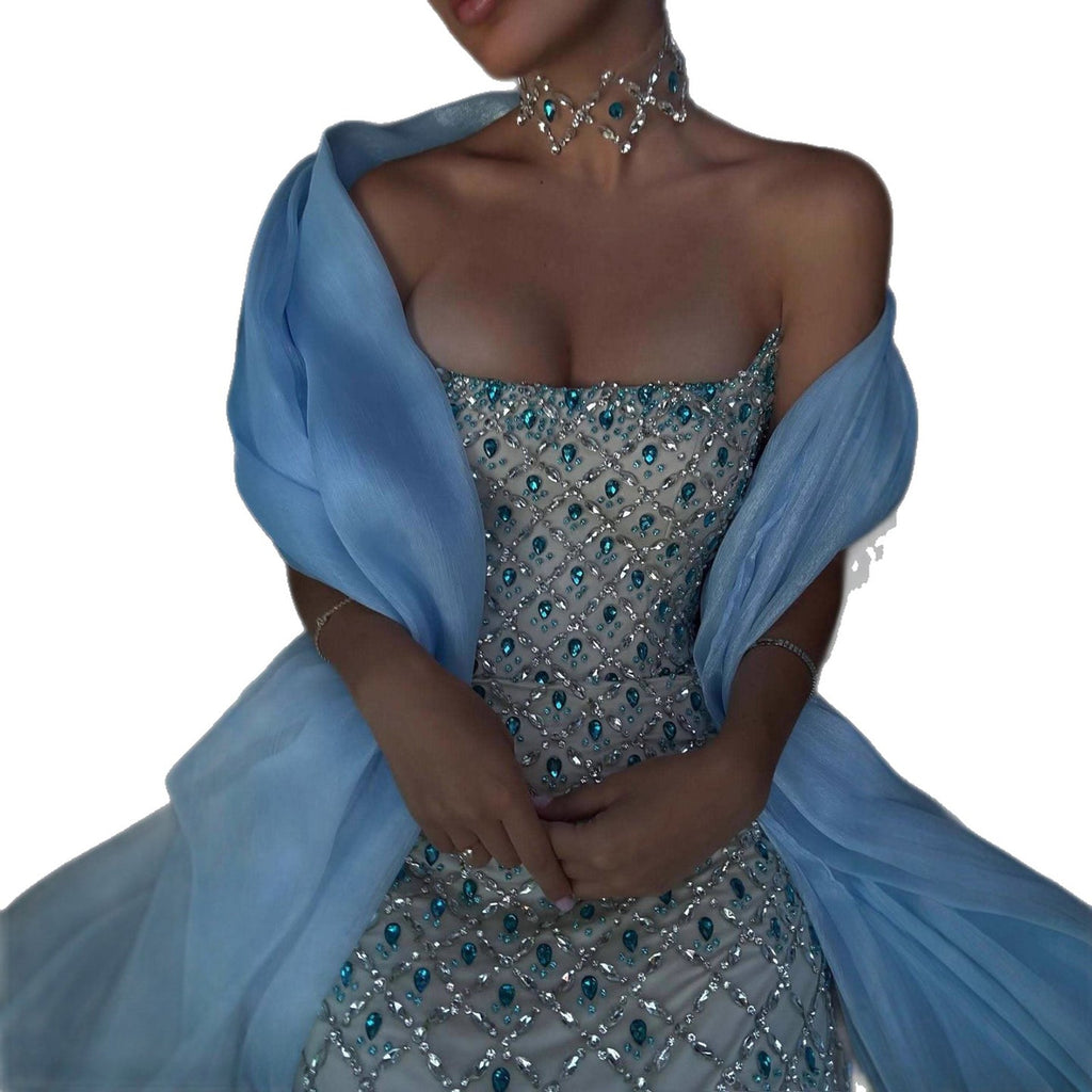 Arabic Luxury Blue Diamonds Mermaid Evening Dress WIth Cape Women Wedding Party Gown CLA73226