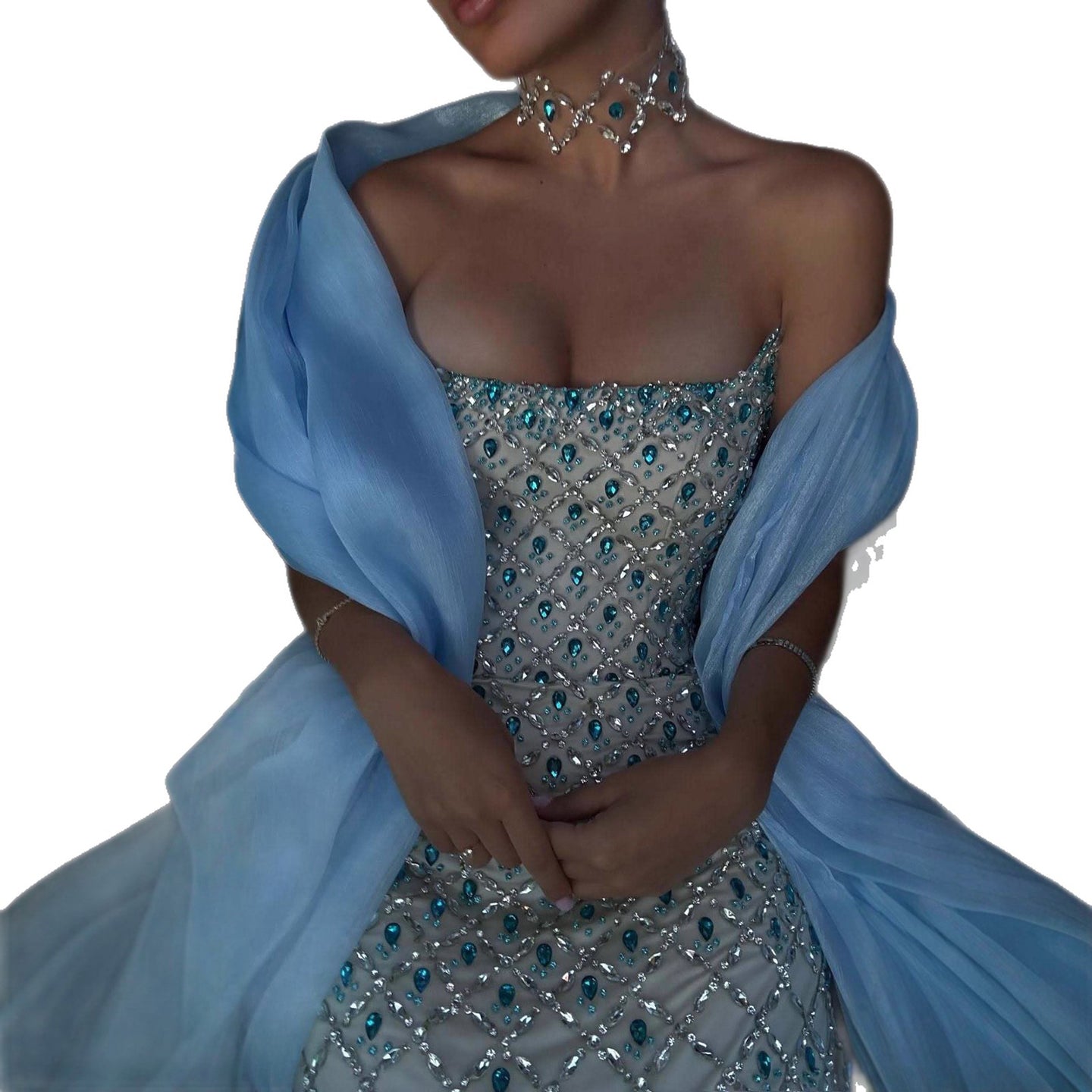 Arabic Luxury Blue Diamonds Mermaid Evening Dress WIth Cape Women Wedding Party Gown CLA73226