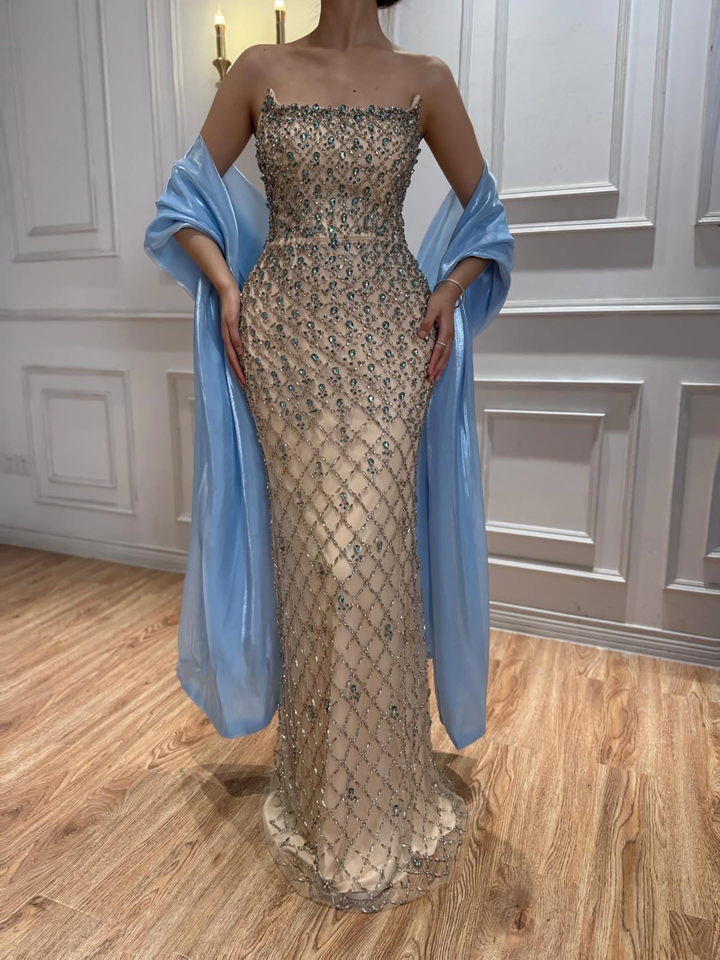 Arabic Luxury Blue Diamonds Mermaid Evening Dress WIth Cape Women Wedding Party Gown CLA73226
