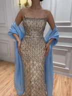 Arabic Luxury Blue Diamonds Mermaid Evening Dress WIth Cape Women Wedding Party Gown CLA73226