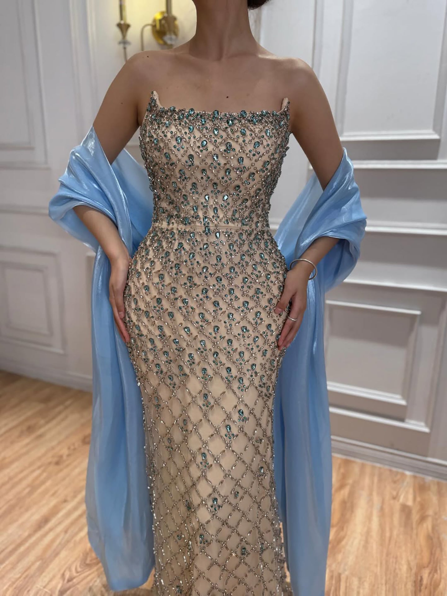 Arabic Luxury Blue Diamonds Mermaid Evening Dress WIth Cape Women Wedding Party Gown CLA73226