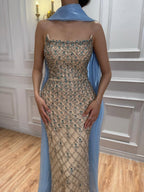 Arabic Luxury Blue Diamonds Mermaid Evening Dress WIth Cape Women Wedding Party Gown CLA73226