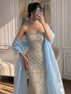 Arabic Luxury Blue Diamonds Mermaid Evening Dress WIth Cape Women Wedding Party Gown CLA73226