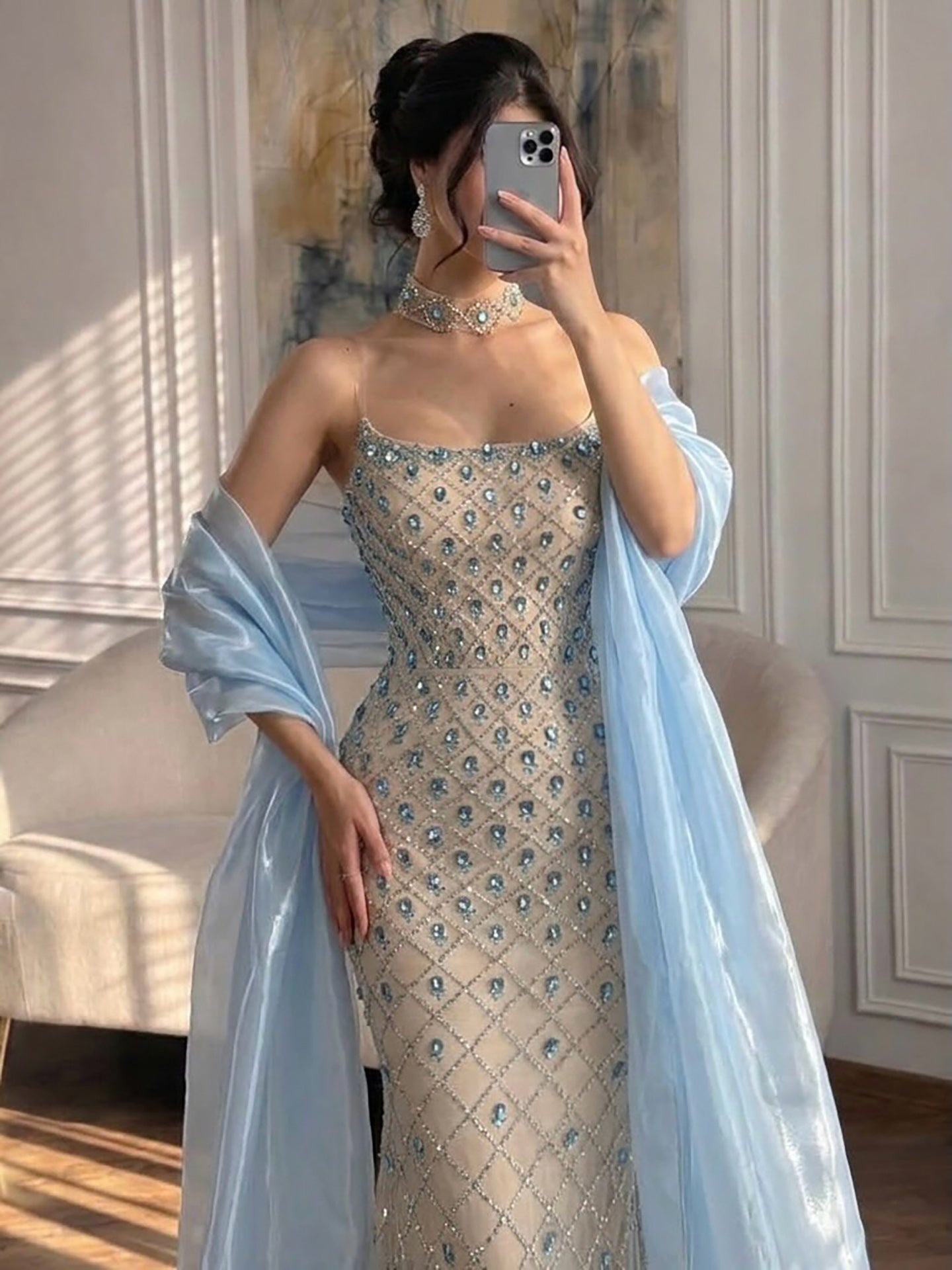 Arabic Luxury Blue Diamonds Mermaid Evening Dress WIth Cape Women Wedding Party Gown CLA73226