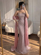 Arabic Luxury Blue Diamonds Mermaid Evening Dress WIth Cape Women Wedding Party Gown CLA73226