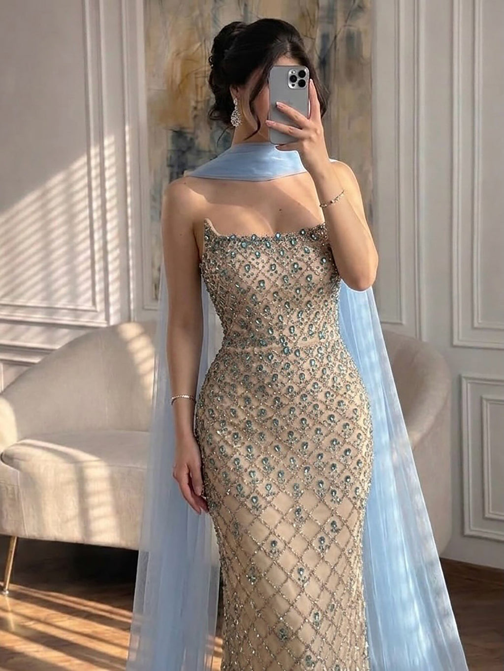 Arabic Luxury Blue Diamonds Mermaid Evening Dress WIth Cape Women Wedding Party Gown CLA73226